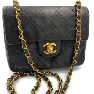 Authentic CHANEL Classic Lambskin Chain Mini Square Flap Bag black in Gold Hardw